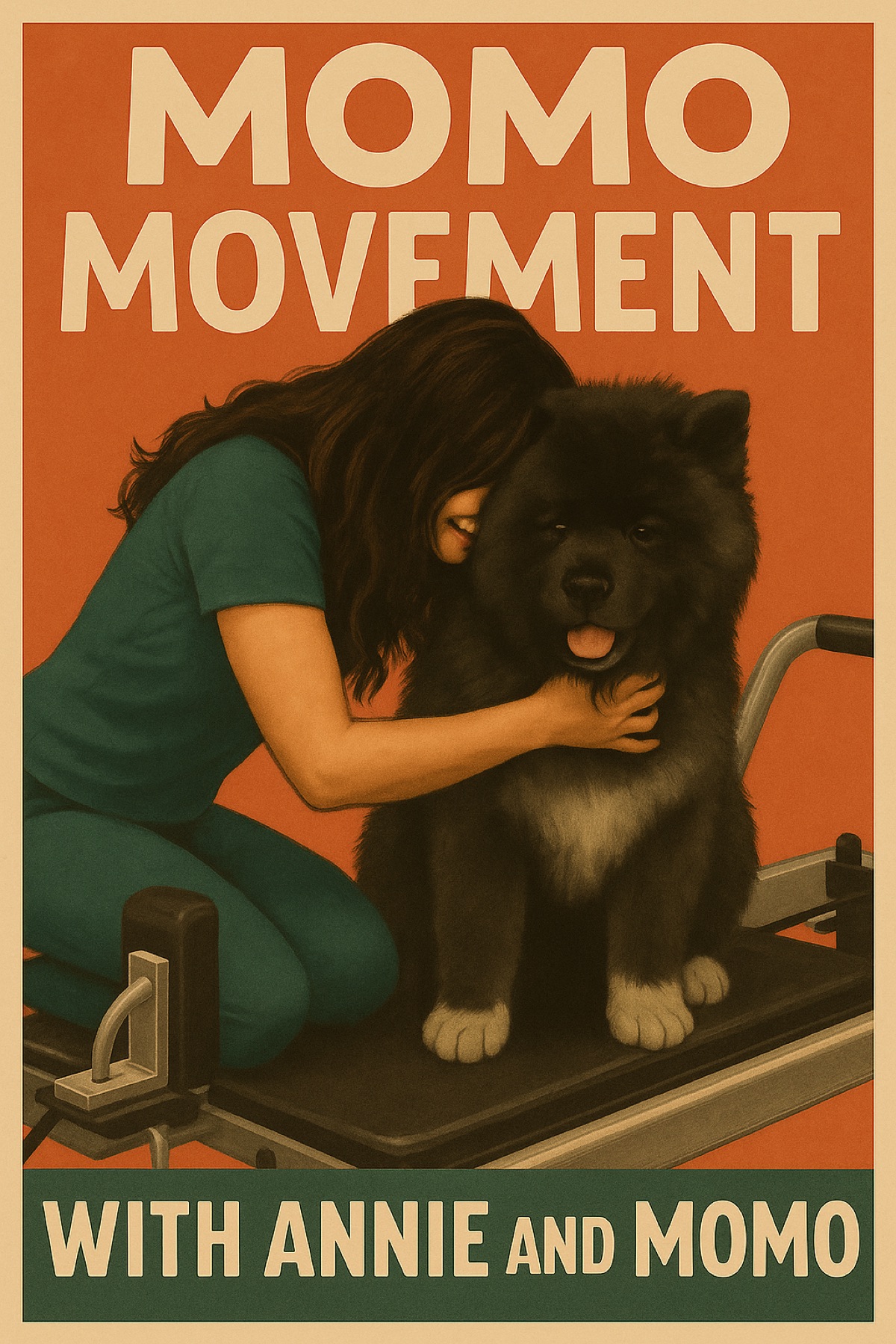 Retro poster illustration of Annie kneeling with Momo the chow chow on a Pilates reformer